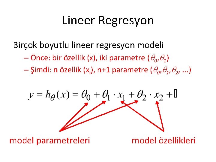 Lineer Regresyon Birçok boyutlu lineer regresyon modeli – Önce: bir özellik (x), iki parametre