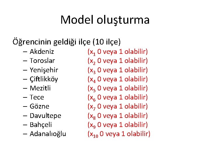 Model oluşturma Öğrencinin geldiği ilçe (10 ilçe) – Akdeniz – Toroslar – Yenişehir –