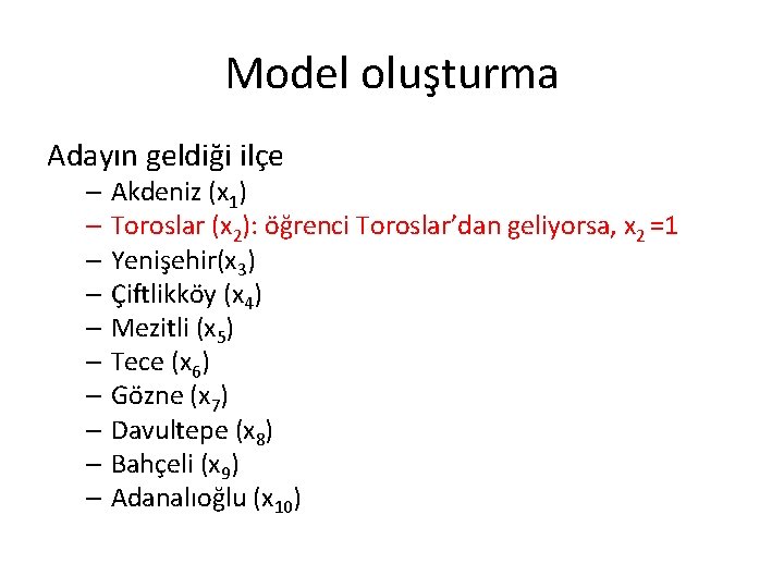 Model oluşturma Adayın geldiği ilçe – Akdeniz (x 1) – Toroslar (x 2): öğrenci
