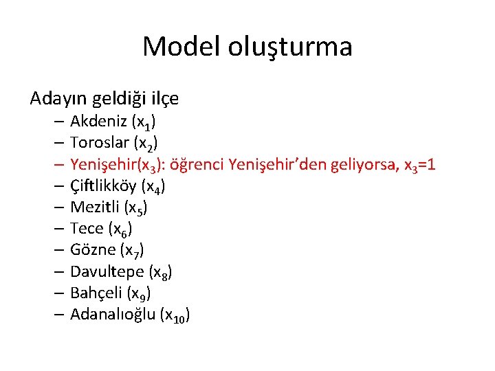 Model oluşturma Adayın geldiği ilçe – Akdeniz (x 1) – Toroslar (x 2) –