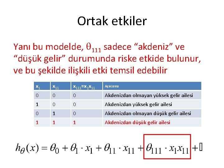 Ortak etkiler Yanı bu modelde, 111 sadece “akdeniz” ve “düşük gelir” durumunda riske etkide