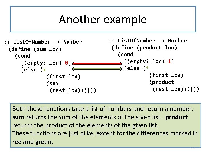 Another example ; ; List. Of. Number -> Number (define (sum lon) (cond [(empty? Another example ; ; List. Of. Number -> Number (define (sum lon) (cond [(empty?