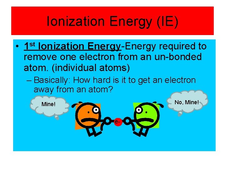 Ionization Energy (IE) • 1 st Ionization Energy-Energy required to remove one electron from