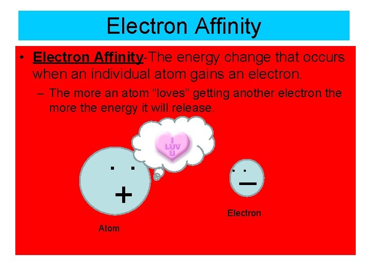 Electron Affinity • Electron Affinity-The energy change that occurs when an individual atom gains