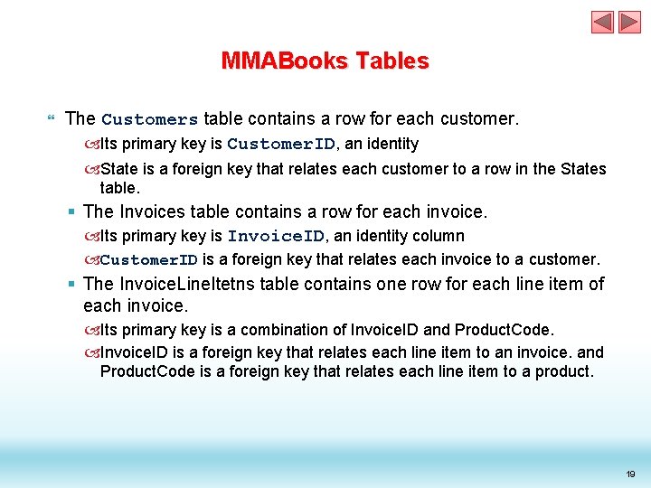 MMABooks Tables The Customers table contains a row for each customer. Its primary key MMABooks Tables The Customers table contains a row for each customer. Its primary key