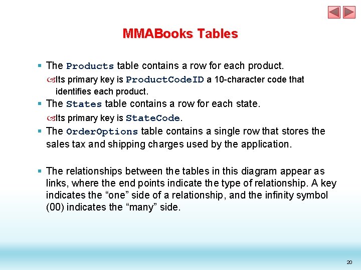 MMABooks Tables § The Products table contains a row for each product. Its primary MMABooks Tables § The Products table contains a row for each product. Its primary