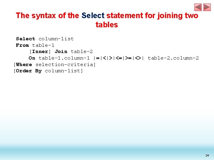 The syntax of the Select statement for joining two tables Select column-list From table-1 The syntax of the Select statement for joining two tables Select column-list From table-1