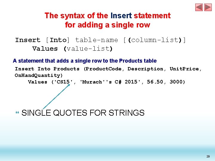 The syntax of the Insert statement for adding a single row Insert [Into] table-name