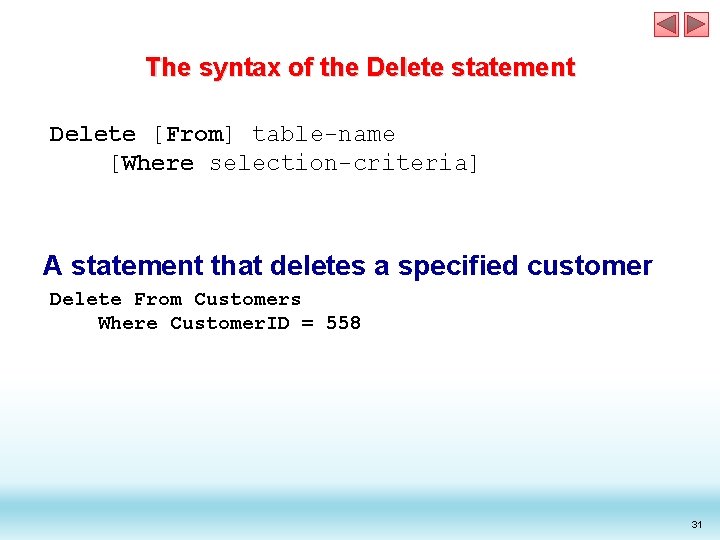 The syntax of the Delete statement Delete [From] table-name [Where selection-criteria] A statement that