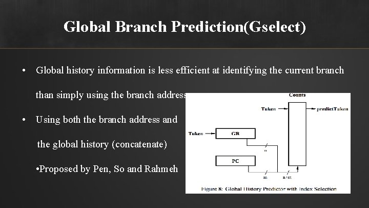 Global Branch Prediction(Gselect) • Global history information is less efficient at identifying the current