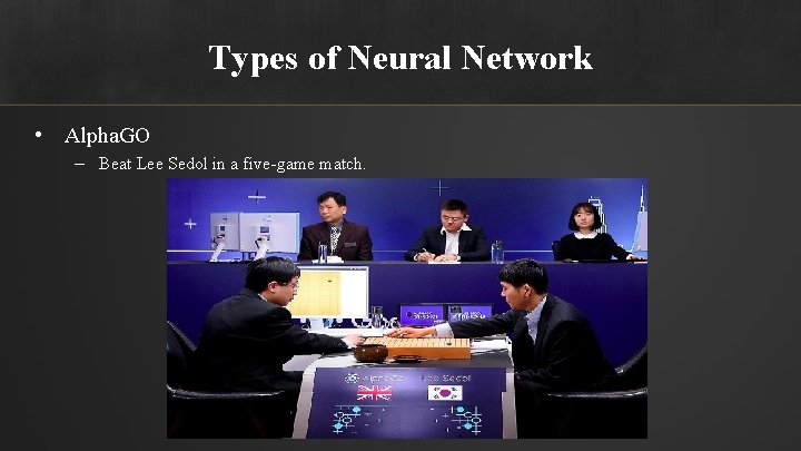 Types of Neural Network • Alpha. GO – Beat Lee Sedol in a five-game