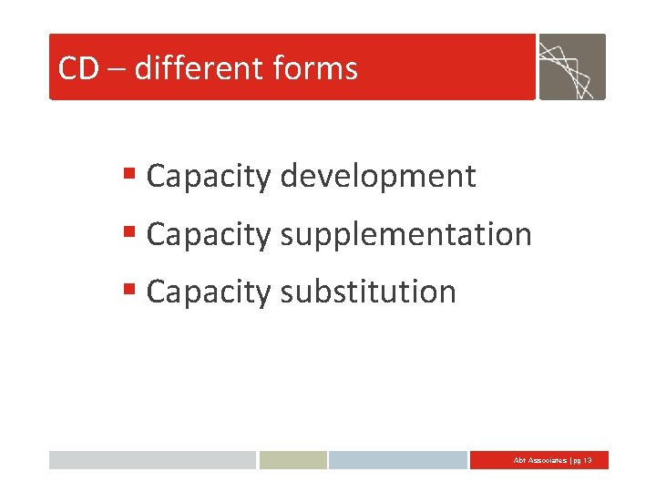 CD – different forms § Capacity development § Capacity supplementation § Capacity substitution Abt
