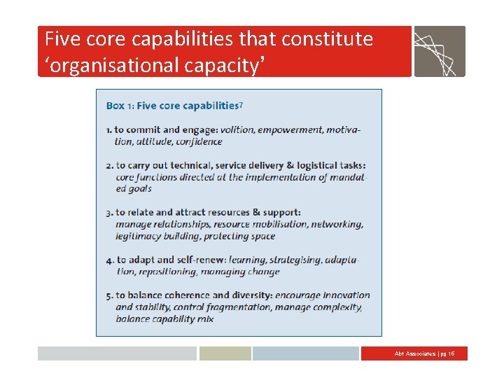 Five core capabilities that constitute ‘organisational capacity’ Abt Associates | pg 15 