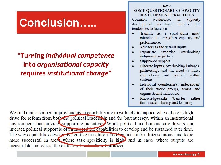 Conclusion…. . “Turning individual competence into organisational capacity requires institutional change” Abt Associates |