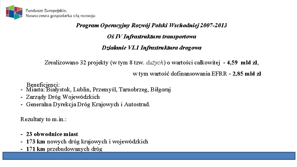 Program Operacyjny Rozwój Polski Wschodniej 2007 -2013 Oś IV Infrastruktura transportowa Działanie VI. 1