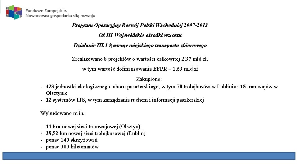Program Operacyjny Rozwój Polski Wschodniej 2007 -2013 Oś III Wojewódzkie ośrodki wzrostu Działanie III.