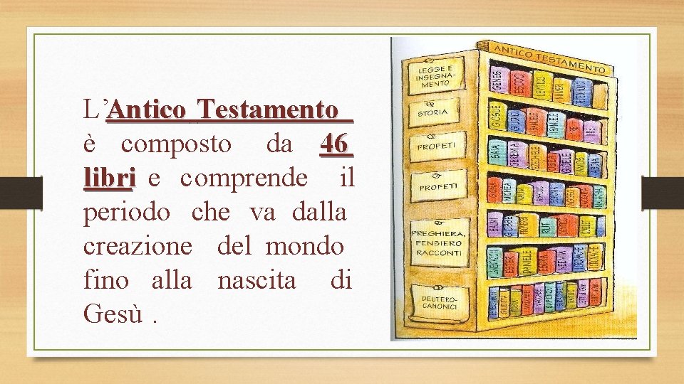 L’Antico Testamento è composto da 46 libri e comprende il periodo che va dalla