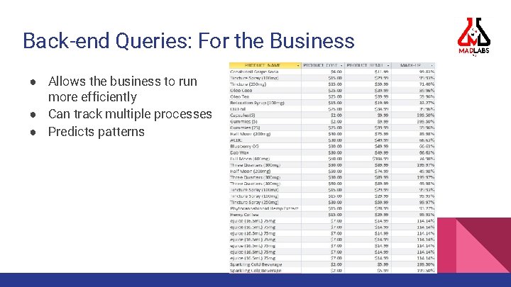 Back-end Queries: For the Business ● Allows the business to run more efficiently ●