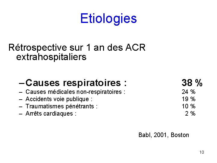 Etiologies Rétrospective sur 1 an des ACR extrahospitaliers – Causes respiratoires : 38 %