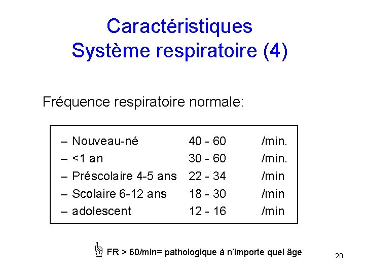 Caractéristiques Système respiratoire (4) Fréquence respiratoire normale: – – – Nouveau-né <1 an Préscolaire