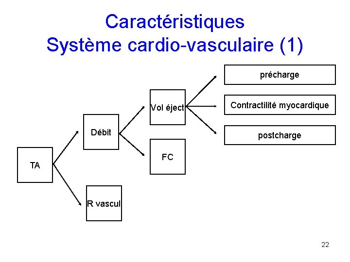 Caractéristiques Système cardio-vasculaire (1) précharge Vol éject Débit Contractilité myocardique postcharge FC TA R