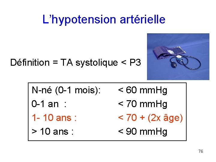 L’hypotension artérielle Définition = TA systolique < P 3 N-né (0 -1 mois): 0