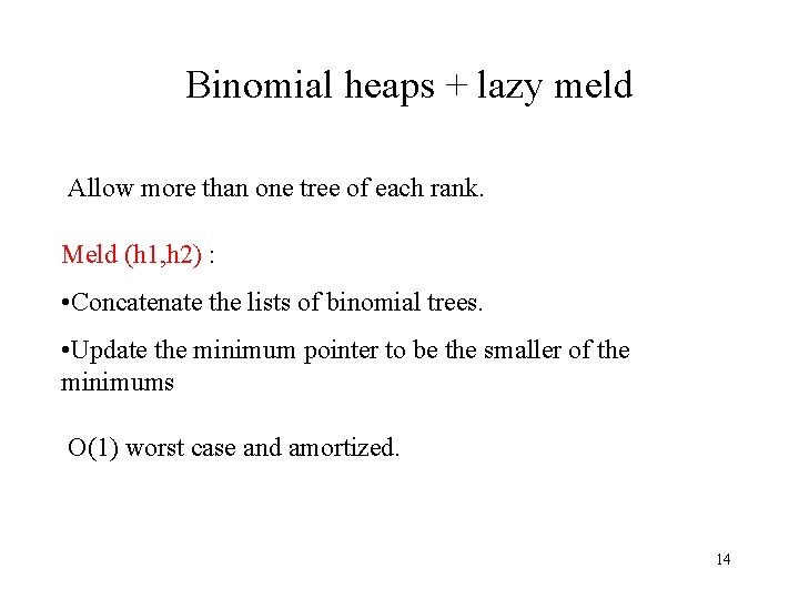 Binomial heaps + lazy meld Allow more than one tree of each rank. Meld