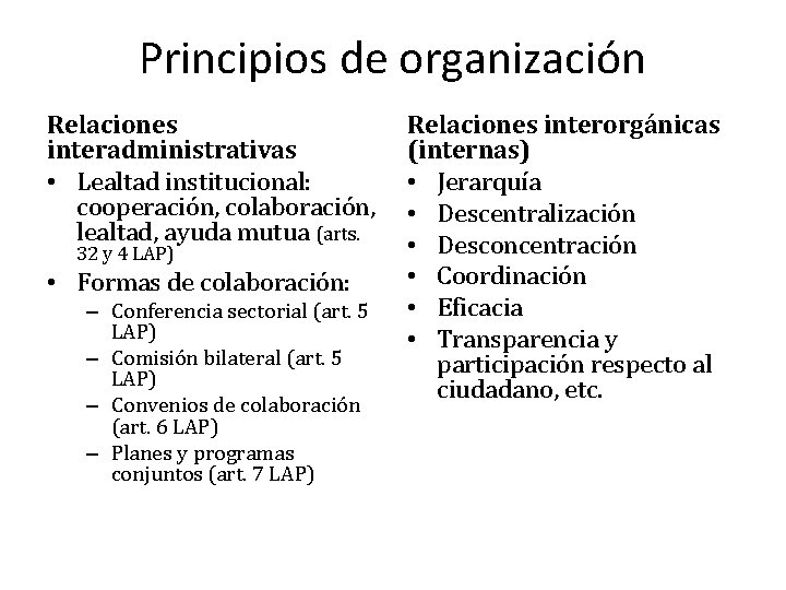 Principios de organización Relaciones interadministrativas • Lealtad institucional: cooperación, colaboración, lealtad, ayuda mutua (arts.