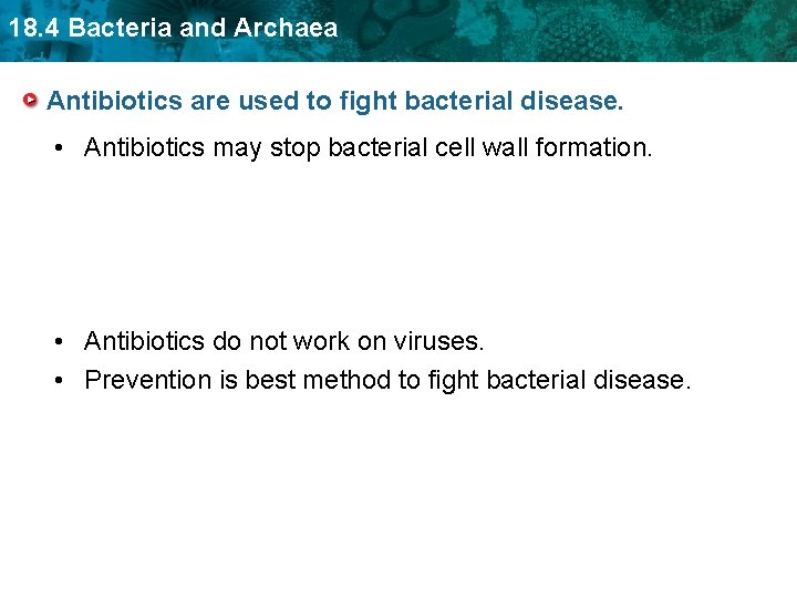 18. 4 Bacteria and Archaea Antibiotics are used to fight bacterial disease. • Antibiotics