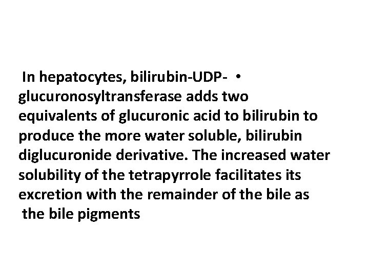 In hepatocytes, bilirubin-UDP- • glucuronosyltransferase adds two equivalents of glucuronic acid to bilirubin to