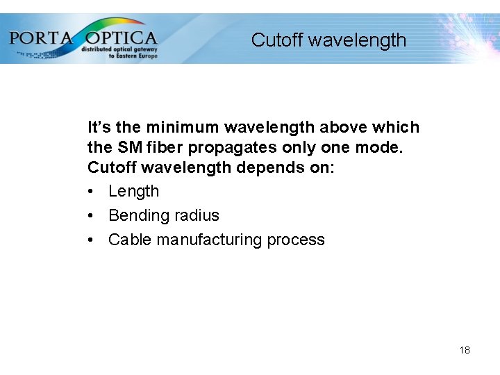 Cutoff wavelength It’s the minimum wavelength above which the SM fiber propagates only one