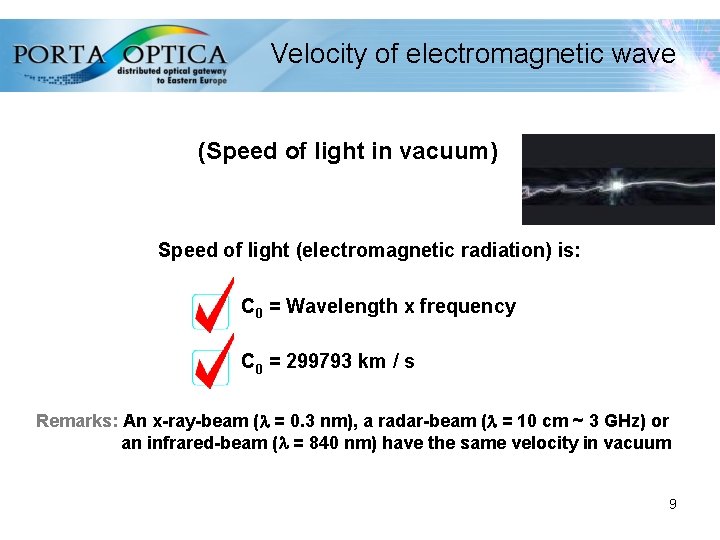 Velocity of electromagnetic wave (Speed of light in vacuum) Speed of light (electromagnetic radiation)