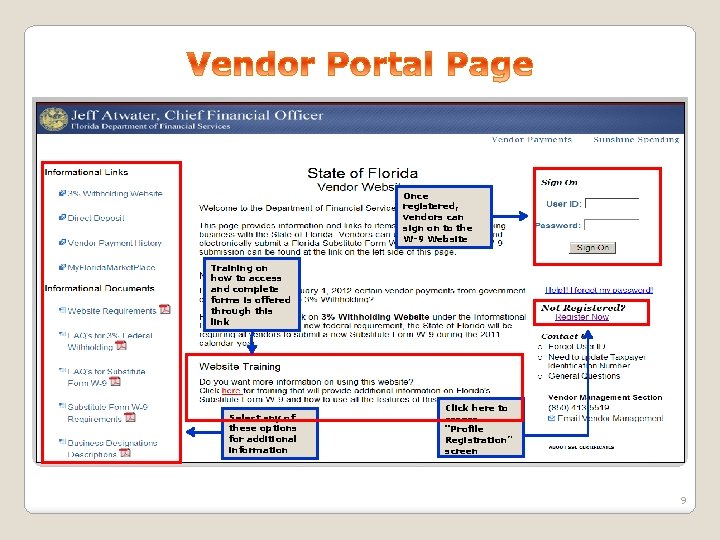Once registered, vendors can sign on to the W-9 Website Training on how to