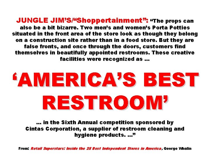 JUNGLE JIM’S/“Shoppertainment”: “The props can also be a bit bizarre. Two men’s and women’s