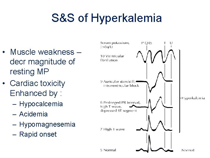 S&S of Hyperkalemia • Muscle weakness – decr magnitude of resting MP • Cardiac