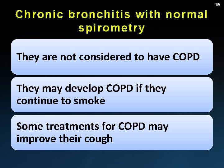 19 Chronic bronchitis with normal spirometry They are not considered to have COPD They