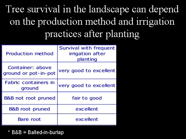 Tree survival in the landscape can depend on the production method and irrigation practices