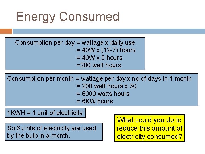 Energy Consumed Consumption per day = wattage x daily use = 40 W x
