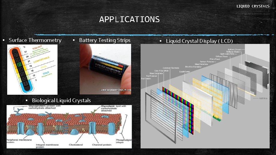 LIQUID CRYSTALS APPLICATIONS ▪ Surface Thermometry ▪ Battery Testing Strips ▪ Biological Liquid Crystals