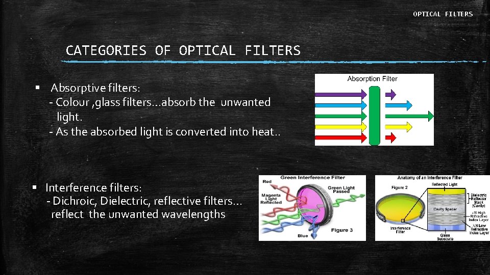 OPTICAL FILTERS CATEGORIES OF OPTICAL FILTERS § Absorptive filters: - Colour , glass filters…absorb