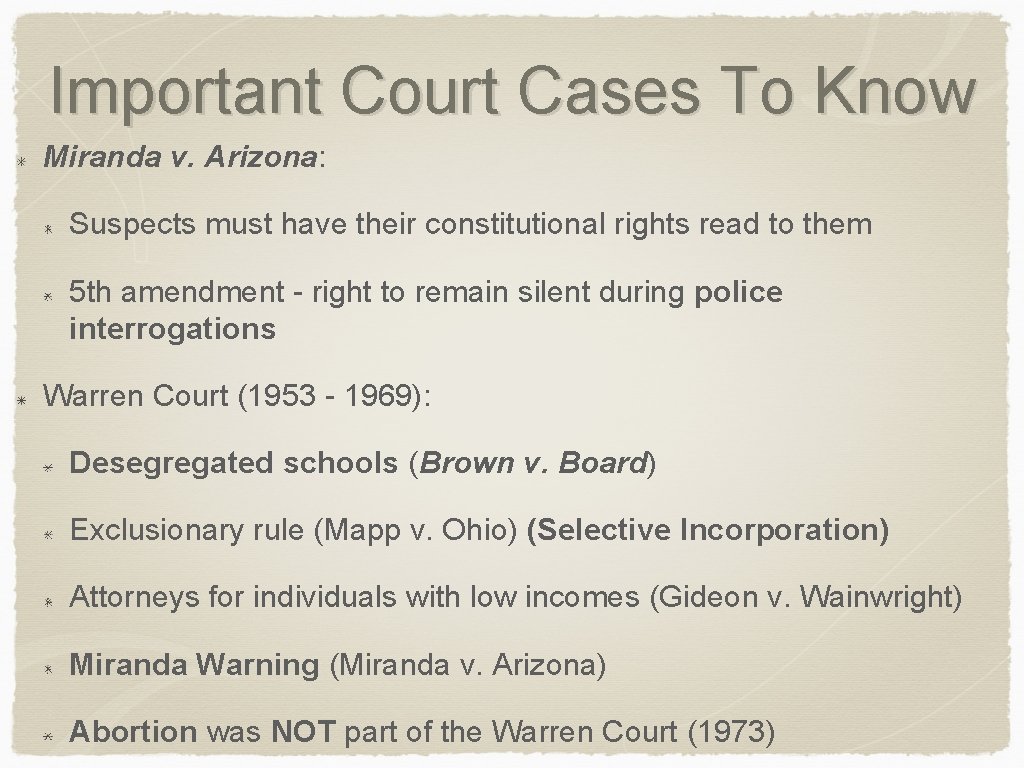 Important Court Cases To Know Miranda v. Arizona: Suspects must have their constitutional rights