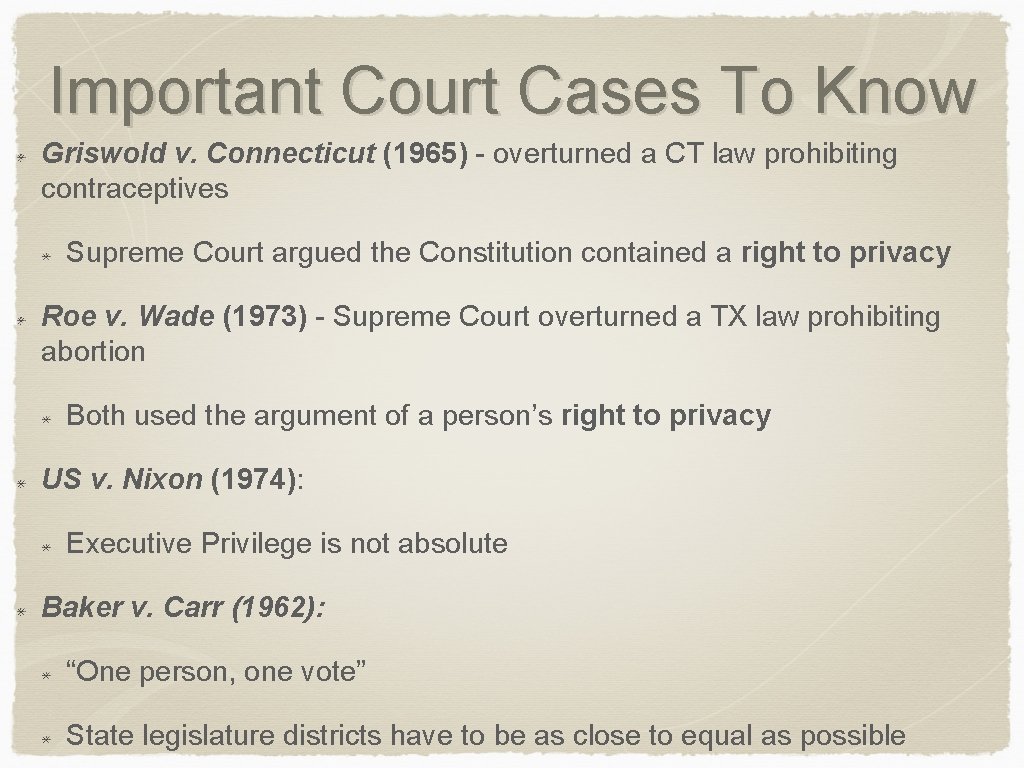 Important Court Cases To Know Griswold v. Connecticut (1965) - overturned a CT law