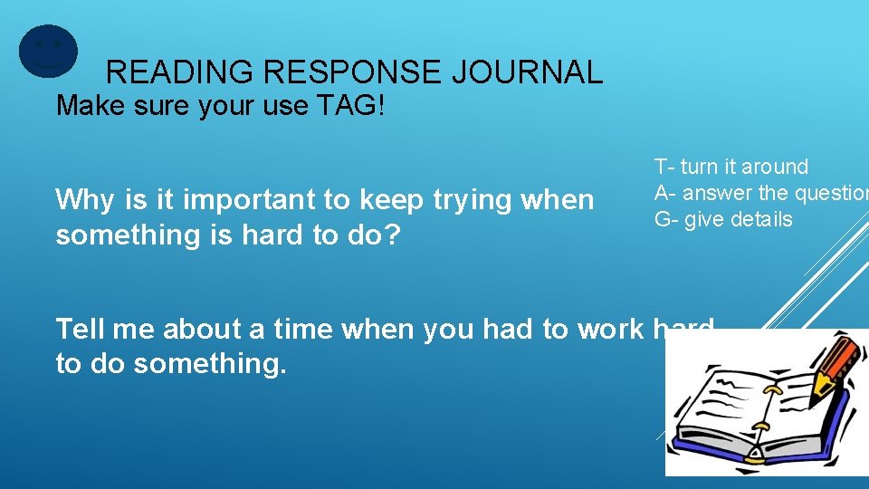 READING RESPONSE JOURNAL Make sure your use TAG! Why is it important to keep