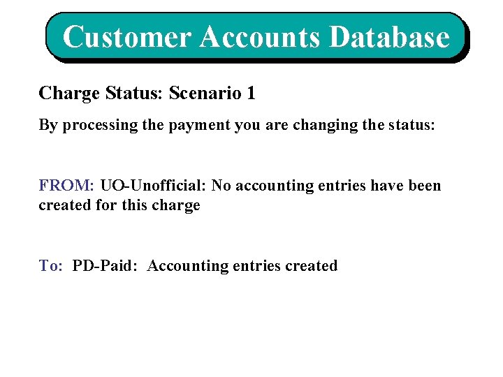 Customer Accounts Database Charge Status: Scenario 1 By processing the payment you are changing