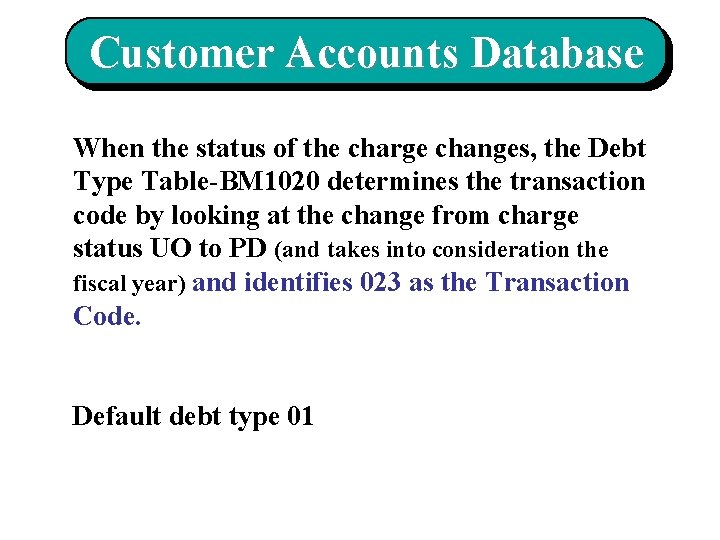 Customer Accounts Database When the status of the charge changes, the Debt Type Table-BM