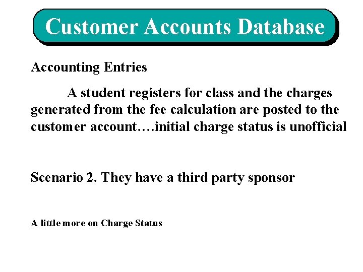 Customer Accounts Database Accounting Entries A student registers for class and the charges generated