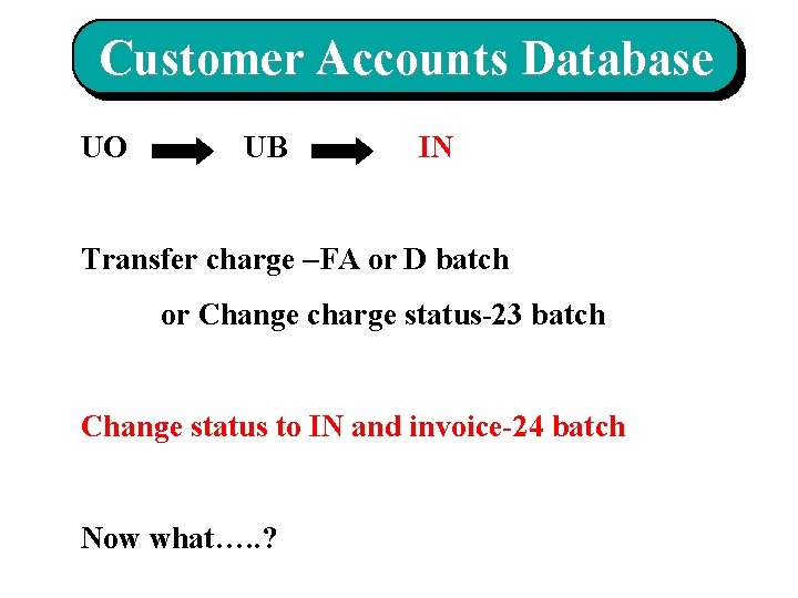 Customer Accounts Database UO UB IN Transfer charge –FA or D batch or Change