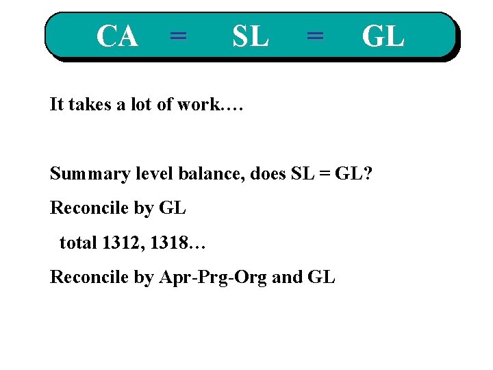 CA = SL = GL It takes a lot of work…. Summary level balance,