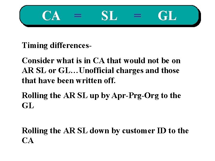 CA = SL = GL Timing differences. Consider what is in CA that would