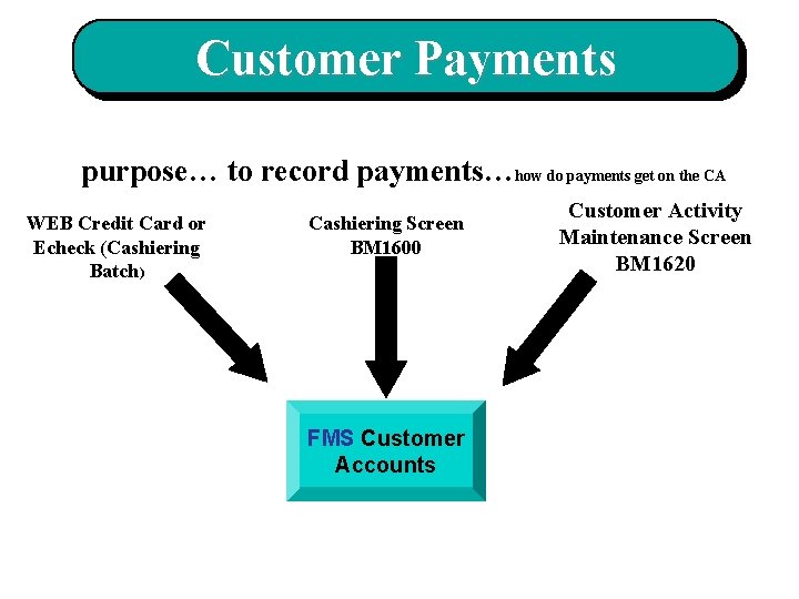 Customer Payments purpose… to record payments…how do payments get on the CA WEB Credit